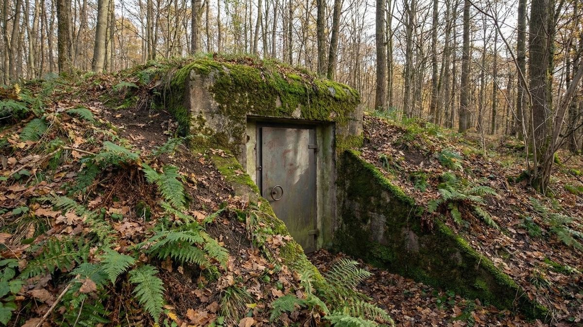 Eine Metalltür in einem moosbedeckten Betonbunker, der teilweise im Waldboden vergraben ist, umgeben von Farnen und herabgefallenen Blättern - ein idealer Ort für alle, die einen Bunker kaufen und sich in der Natur in Sicherheit wiegen wollen.