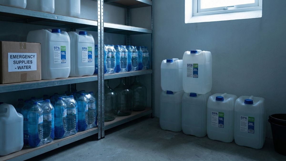 Regale mit großen Wasserbehältern und -flaschen in einem Lagerraum, bereit für die Blackout-Vorbereitung, mit einer Kiste mit der Aufschrift Notfallvorräte - Wasser; ein kleines Fenster sorgt für Licht.