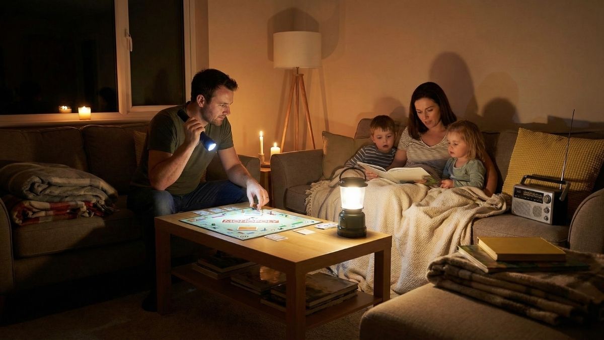 Während eines Stromausfalls zeigt eine Familie ihre Blackout-Vorbereitung: Ein Mann spielt bei Laternenlicht ein Brettspiel, während eine Frau zwei Kindern auf der Couch vorliest. Kerzen und eine Taschenlampe sorgen für zusätzliches Licht in dem schwach beleuchteten Wohnzimmer.
