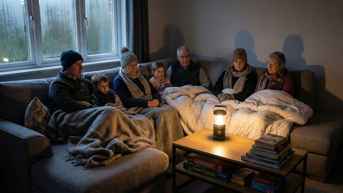 Eine sechsköpfige Familie sitzt in Decken und Wintermützen gehüllt auf einer Couch in einem schwach beleuchteten Raum, der von einer Laterne erhellt wird - eine Szene ruhiger Blackout-Vorbereitung, während Kondenswasser am Fenster auf das kalte Wetter draußen hinweist.